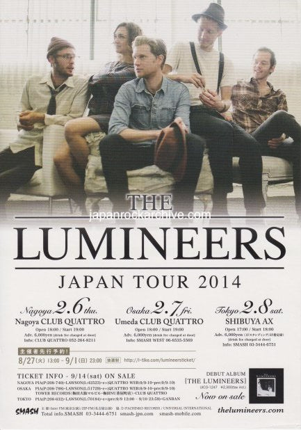 The Lumineers 2014 Japan tour concert gig flyer handbill